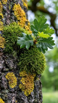 Close-up of vibrant green moss and yellow lichen growing on rough tree bark with young oak leaves