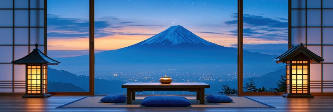 Tranquil Japanese room with Mount Fuji view at dusk
