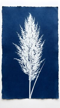 Pampas Grass Plume Cyanotype Print Boho Botanical Blueprint Blue Wall Art