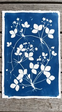 Wild Strawberry Vine Cyanotype Print Botanical Berry Plant Blue Blueprint