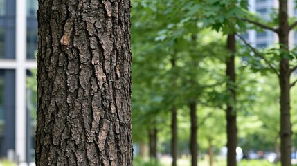 Fototapeta premium Close-up of textured tree bark in an urban park with blurred green foliage and modern buildings in background