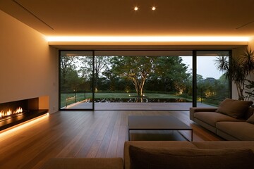 Obraz premium Modern Living Room with Fireplace and Large Glass Doors Opening to Lush Evening Garden