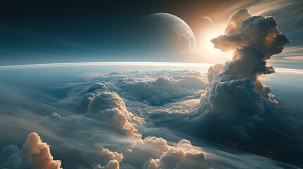 Fototapeta premium Majestic celestial vista with glowing planet, dramatic clouds, and atmospheric sunrise over Earth's horizon
