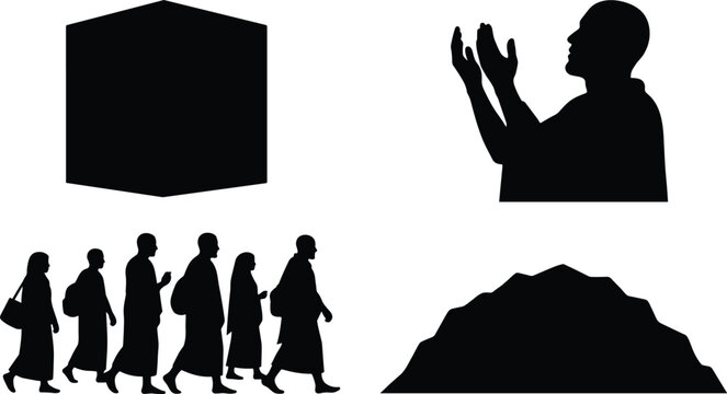 Islamic Hajj pilgrimage silhouette vector icon set featuring the holy Kaaba man making dua prayer pilgrims walking and Mount Arafat