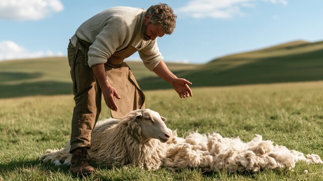 Farmer tending to freshly shorn sheep in a lush green pasture under a clear blue sky