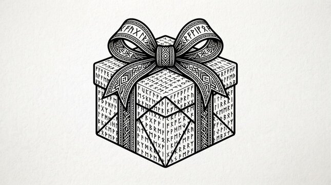 Gift box with runic design tied with decorative bow for holiday marketing materials