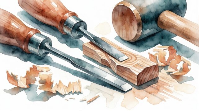 Wooden woodworking chisels hammers and wood shavings in workshop setting