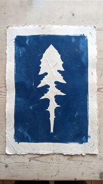 Single Dandelion Leaf Cyanotype Blueprint Minimalist Botanical Sun Print Art