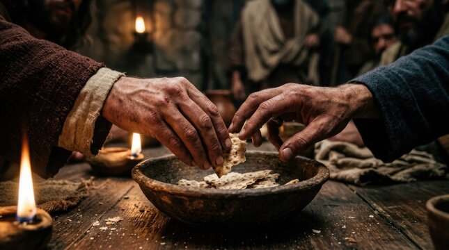 Sacred table gathering: Last Supper, break bread, share food, Jesus Christ, holy apostle, clay bowl, flicker candle, ancient ritual, wooden board, dark background, historic moment.