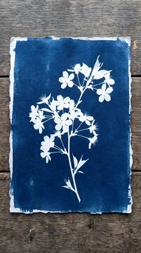 Meadow Wildflowers Branch Cyanotype Sun Print Handmade Indigo Blue Nature Wall Art