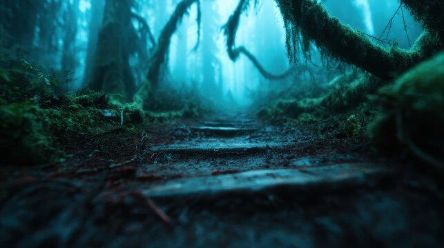 A misty atmosphere envelops a winding pathway in a dense forest, creating a sense of mystery and enchantment, inviting viewers to venture deeper into the woods.