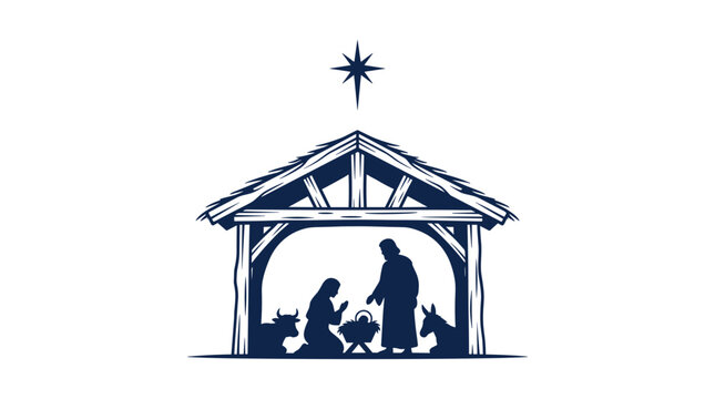 Nativity scene silhouette with Mary, Joseph, baby Jesus in manger, ox, donkey, and the star of Bethlehem under a wooden stable roof, vector illustration on white background.