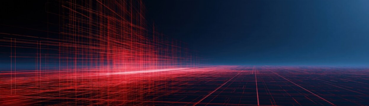 Abstract Red Grid Landscape on Dark Blue Background with Glowing Horizon