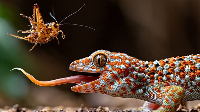 Close-up of a Tokay Gecko catching a grasshopper with its tongue in a natural jungle environment