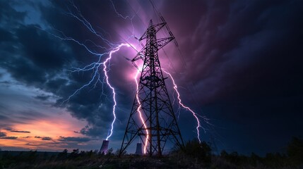Obraz premium Dramatic lightning strikes illuminate a tall electricity pylon against a stormy, dark purple sky at dusk