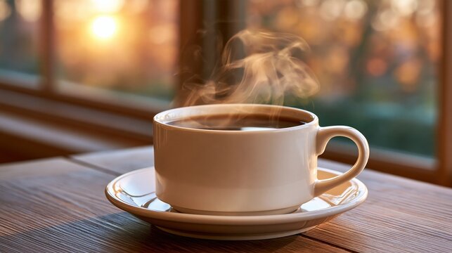Steaming cup of coffee on a wooden table by the window at sunrise