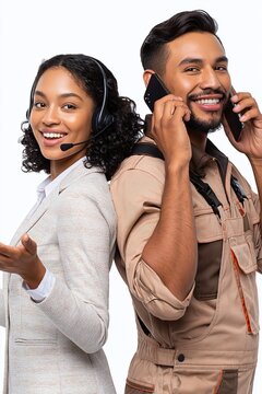 Diverse customer service and technical support team members collaborating and communicating on the phone