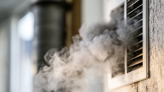 Steam or smoke emanating from a ventilation grate, suggesting HVAC issues or a potential hazard.