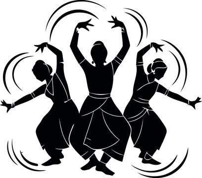 Indian Classical Dancers Silhouette Vector Illustration Featuring Three Women Performing Bharatanatyam and Kathak Dance Mudras for Cultural Festival Event Graphics