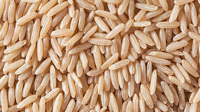 Close-up overhead view of uncooked brown rice grains, a healthy whole grain staple food