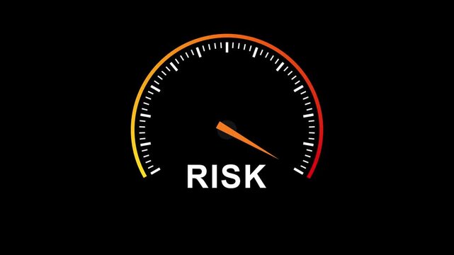 Risk gauge meter with needle pointing to the high red zone on black background scale indicator danger warning management scale indicator danger warning management