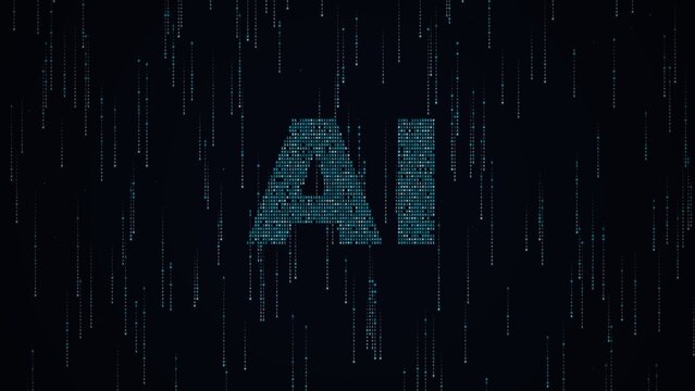 large glowing ai text formed by cascading blue binary code streams flowing vertically down a dark digital cyberspace background representing artificial intelligence dat