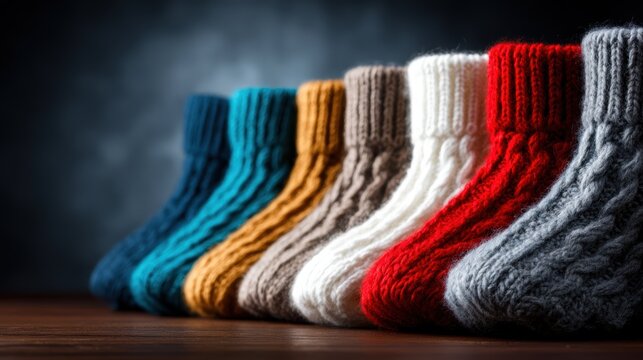 A beautiful arrangement of cozy knitted socks in various vibrant colors, showcasing their unique textures and patterns, perfect for evoking warmth and comfort in winter imagery.