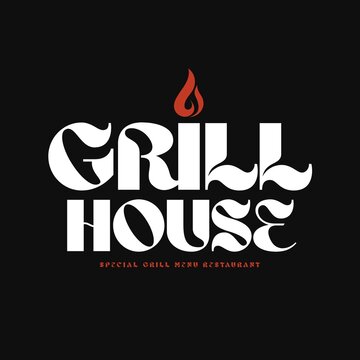 Modern Grill House Restaurant Logo Design with Fire Flame Icon on Black Background for BBQ Steakhouse