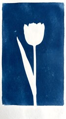 Obraz premium Single Tulip Flower Stem Cyanotype Sun Print Handmade Indigo Blue Nature Wall Art