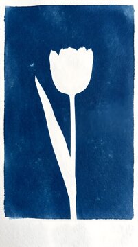 Single Tulip Flower Stem Cyanotype Sun Print Handmade Indigo Blue Nature Wall Art