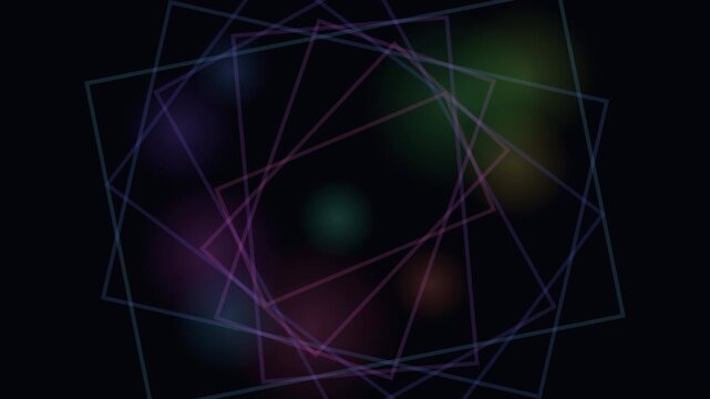 Abstract motion background featuring glowing colorful light spots and intersecting geometric square frames in a dark digital space