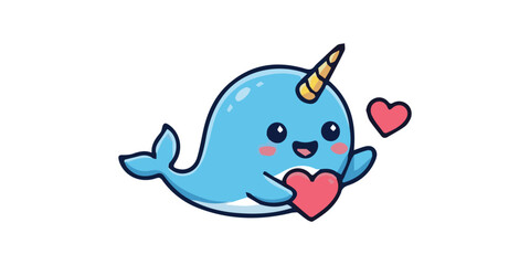 Cute Cartoon Narwhal with Heart Symbols for Kids, Love, or Marine Life Themes © BangkitDari