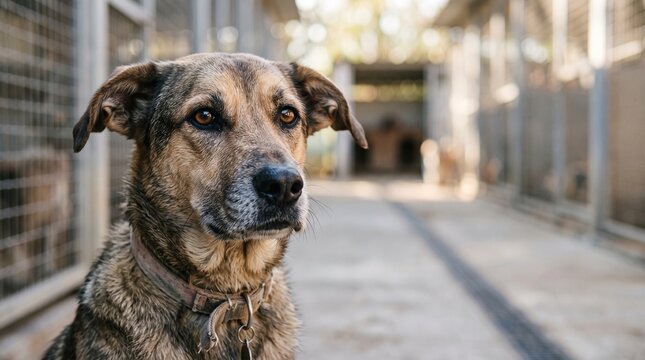 Sad stray dog looking for a home while waiting inside an animal shelter cage kennel