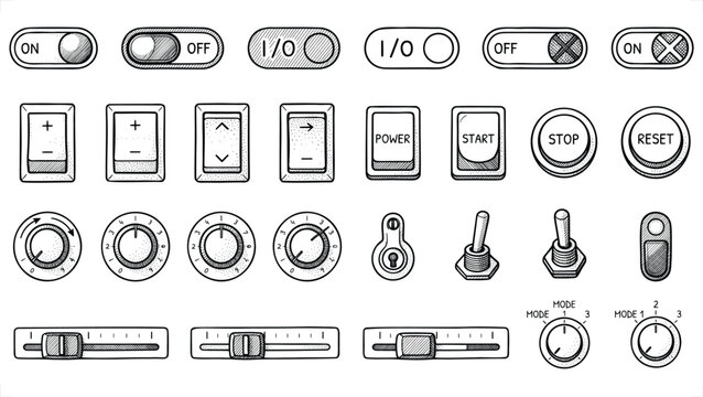 Hand drawn switch and dial vector illustration featuring toggle buttons, sliders, and control knobs for UI design