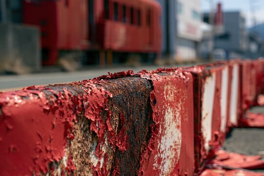 Close-up of a rusty, peeling red and white barrier with a blurred red train in the background