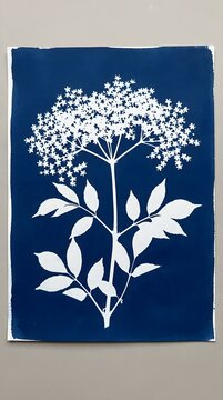 Elderflower Cluster Umbrella Cyanotype Blueprint Botanical Sun Print Art