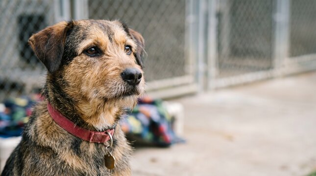 A scruffy mixed breed dog sits patiently outside animal shelter kennels representing hope and the need for pet adoption and a forever home