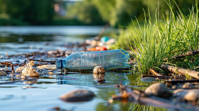 Plastic bottle floating in polluted river water with natural debris and green grass on bank