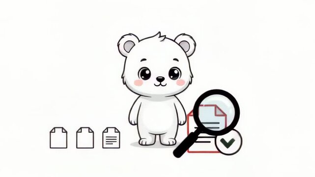 Cute cartoon polar bear inspecting documents with magnifying glass on white background