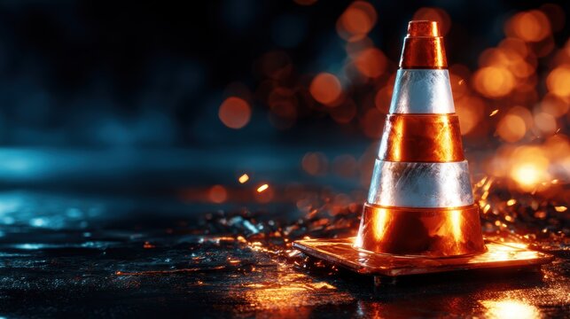 An illuminated traffic cone sits on a dark, textured surface, surrounded by sparks, highlighting public safety in an artistic and dramatic manner with urban undertones.
