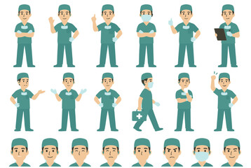 Fototapeta premium Diverse Doctor Cartoon Characters in Scrubs with Various Poses and Expressions