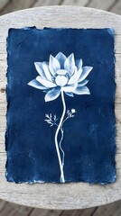 Obraz premium Blooming Lotus Flower Stem Cyanotype Blueprint Botanical Indigo Blue Wall Art Decor