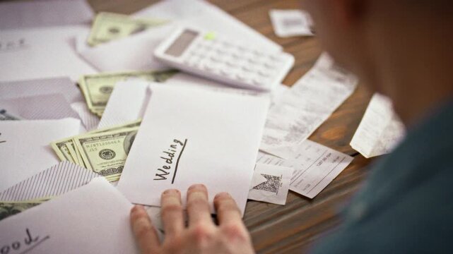 A man carefully plans wedding expenses, signing an envelope marked Wedding while applying disciplined financial management, allocating the budget with precision to ensure a well-organized celebration