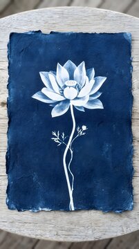 Blooming Lotus Flower Stem Cyanotype Blueprint Botanical Indigo Blue Wall Art Decor