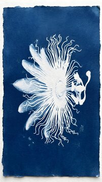 Exotic Passion Flower Bloom Cyanotype Sun Print Minimalist Botanical Blue Wall Art