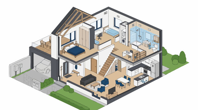 Modern split level house interior floor plan design.