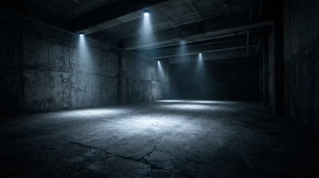 Dark Empty Industrial Room Lit With Spotlights From Ceiling