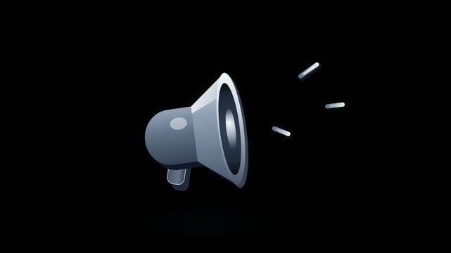 Multiple grey megaphones emitting sound waves on black background. 4K