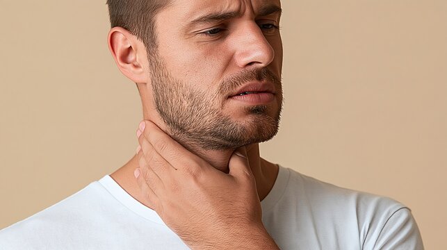 Man with hand on throat experiencing discomfort, pain, or sore throat symptoms