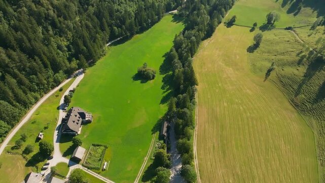 Panoramic aerial shot over vast rolling green hills and dense forests in Slovenia. Small isolated alpine farmhouses nestle on grassy hilltops under cloudy summer sky.